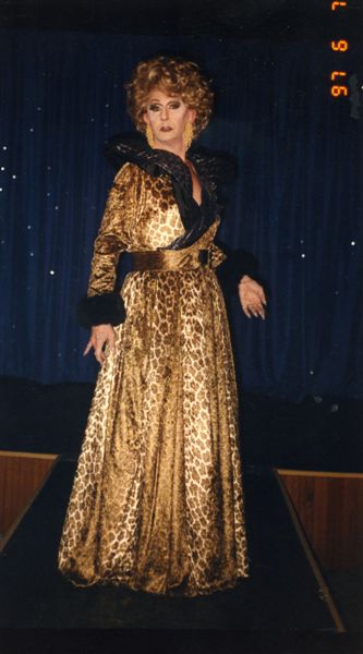  Miss P on stage of Footlight Theatre at Parliament House, Orlando.

Images may be used for educational purposes only.
Image credit: Image courtesy of LGBTQ History Museum of Central Florida.
For all other purposes please email: floridalgbtqmuseum@gmail.com